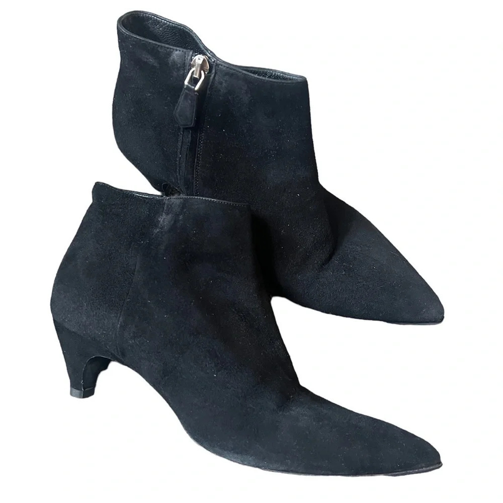 Prada Kitten Heel Pointed Toe Suede Booties, size 37